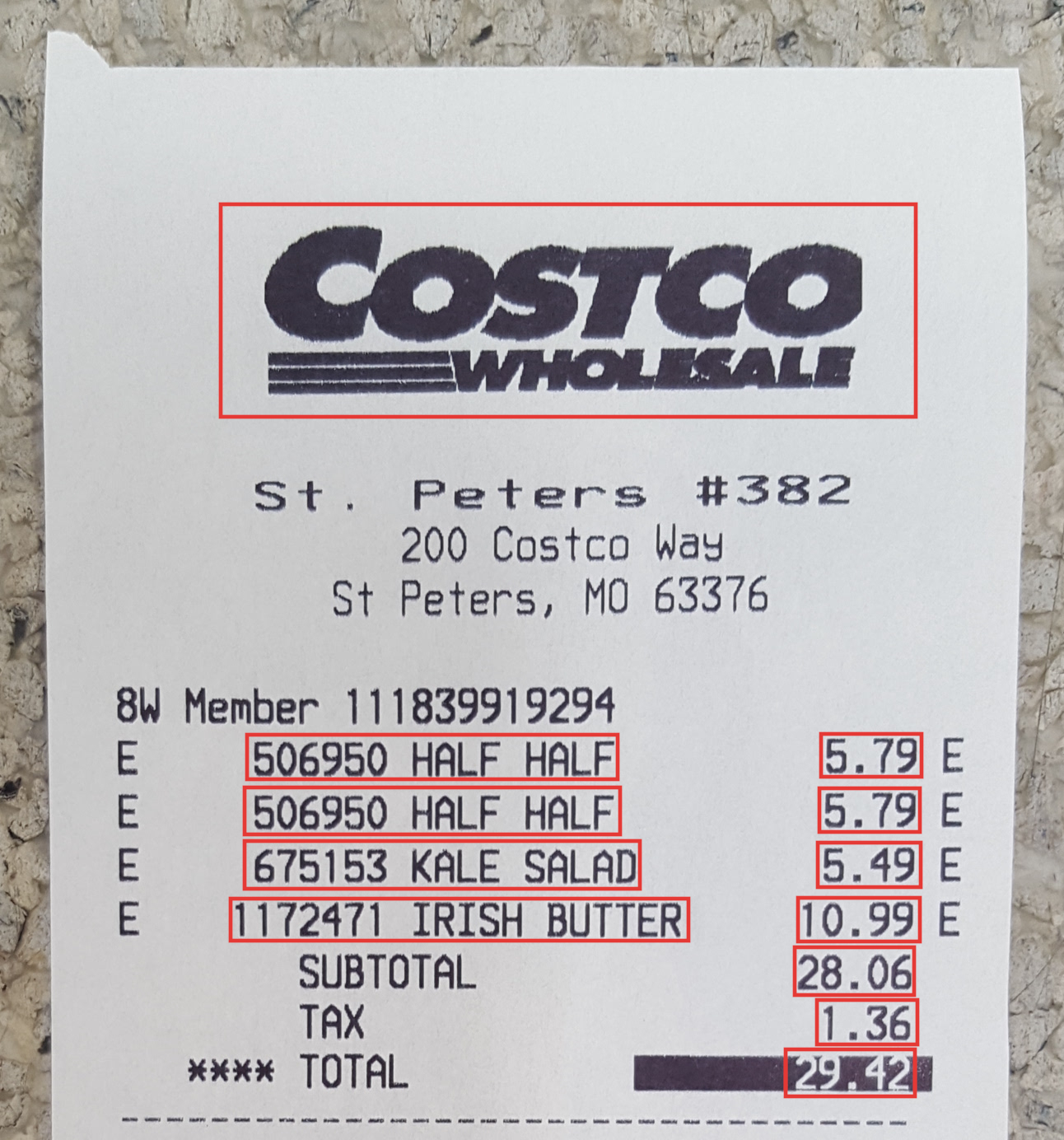 Receipt with Bounding Boxes